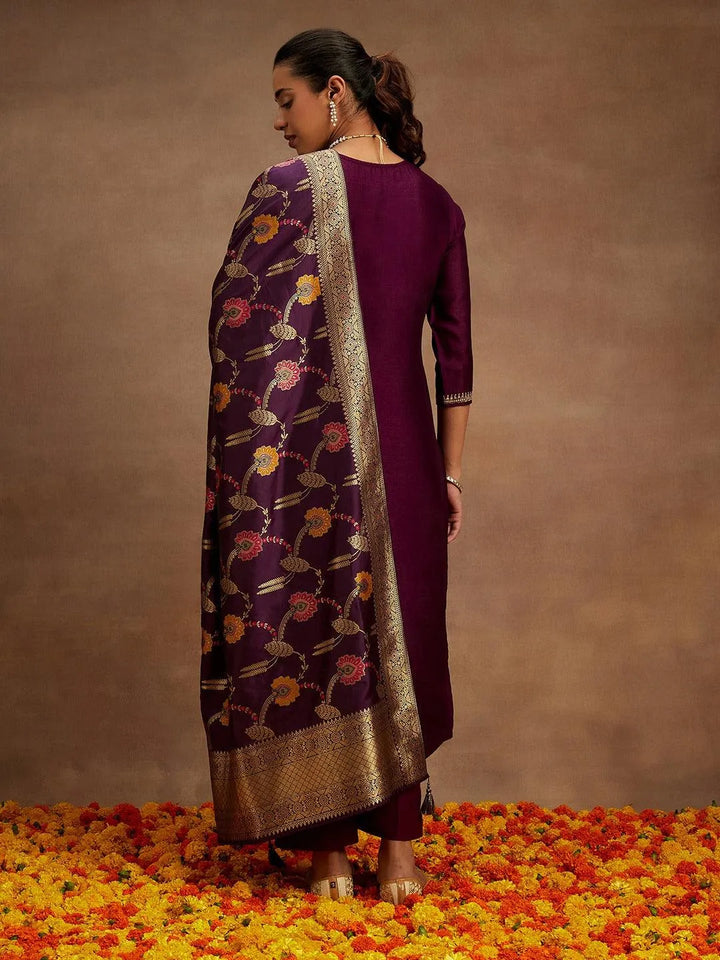 Burgundy Embroidered Silk Blend Straight Kurta With Trousers & Dupatta - Libas