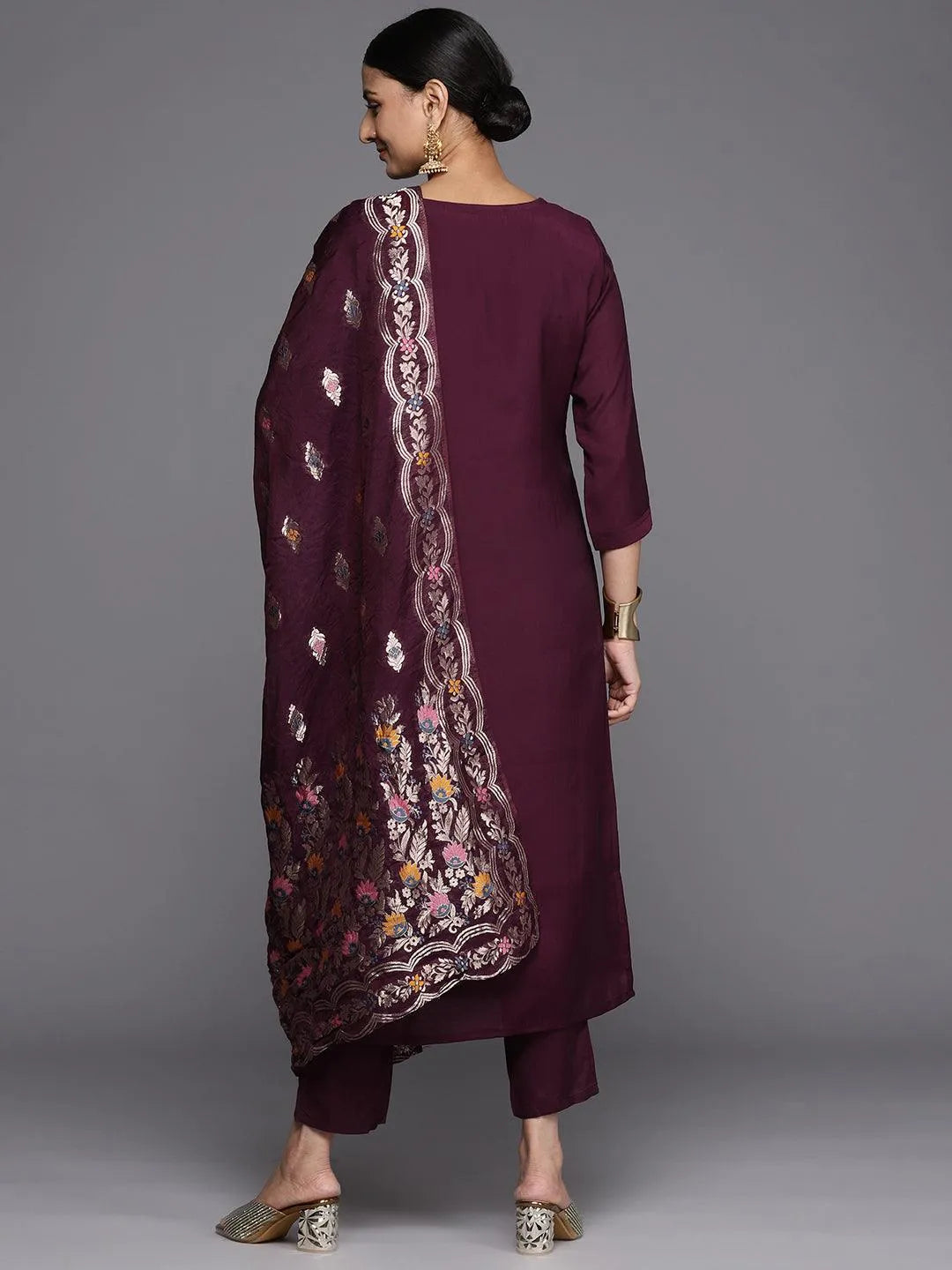 Burgundy Embroidered Silk Blend Straight Kurta With Trousers & Dupatta - Libas 