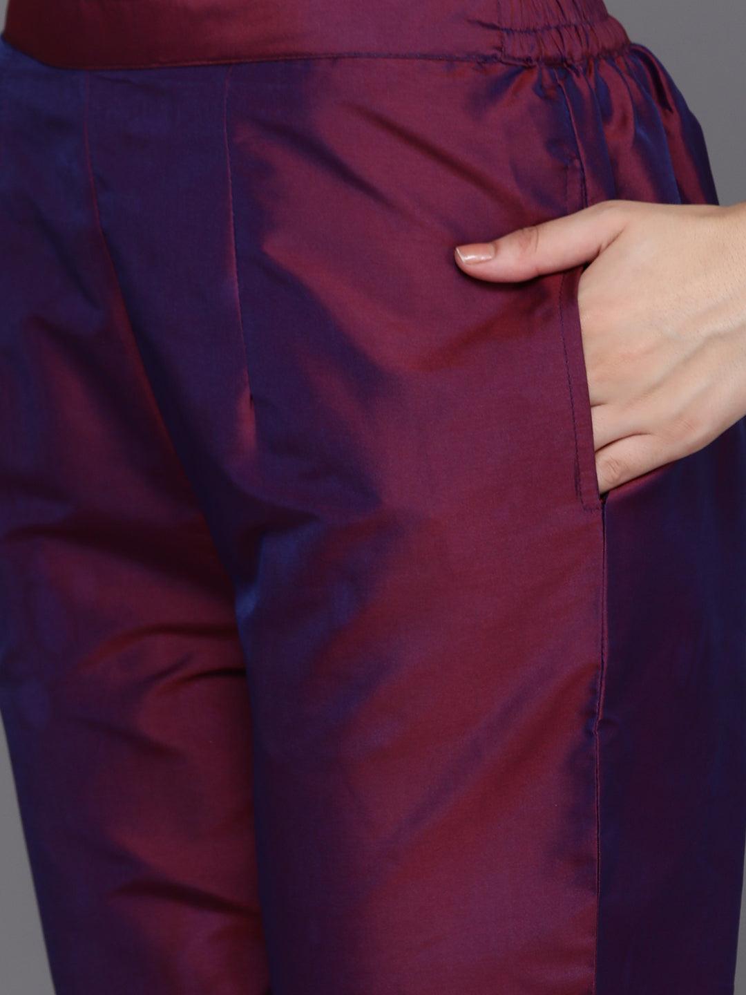 Burgundy Embroidered Silk Blend Straight Kurta With Trousers & Dupatta