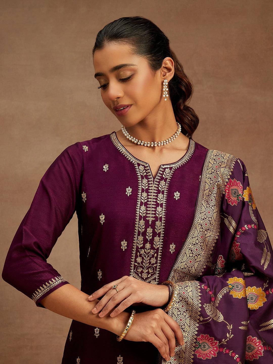 Burgundy Embroidered Silk Blend Straight Suit With Dupatta