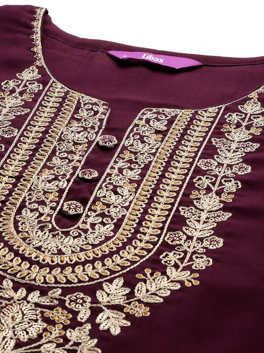 Burgundy Embroidered Silk Blend Straight Kurta With Trousers & Dupatta - Libas 