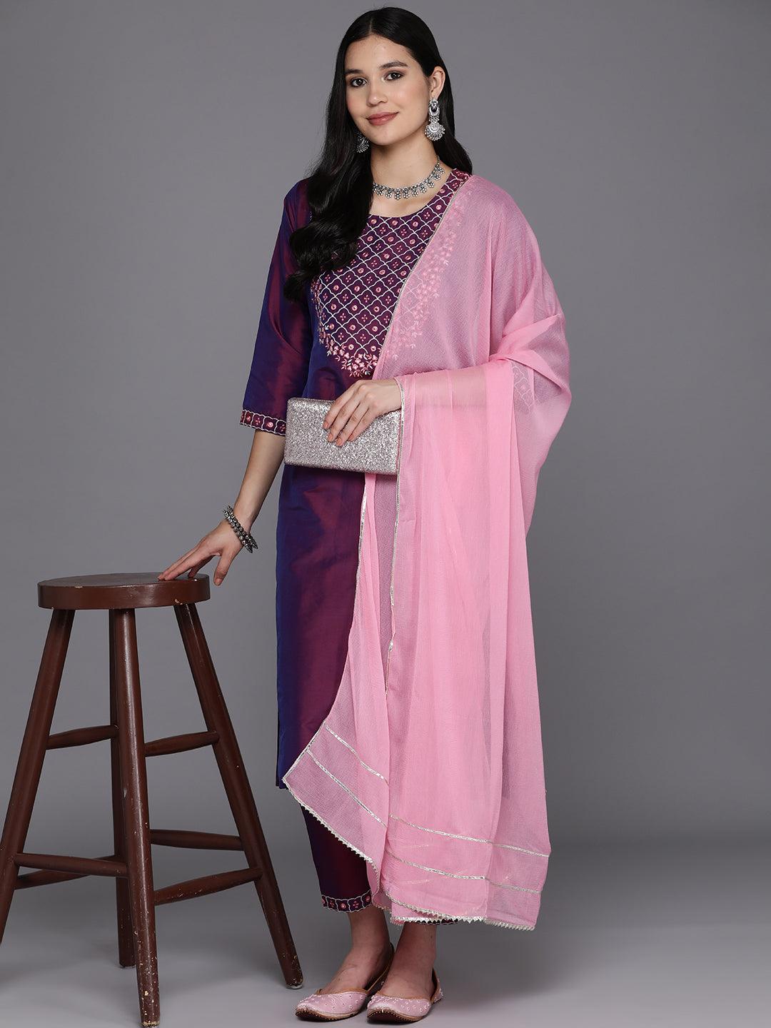 Burgundy Embroidered Silk Blend Straight Suit Set With Trousers - Libas