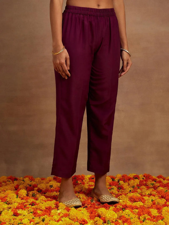 Burgundy Embroidered Silk Blend Straight Kurta With Trousers & Dupatta - Libas