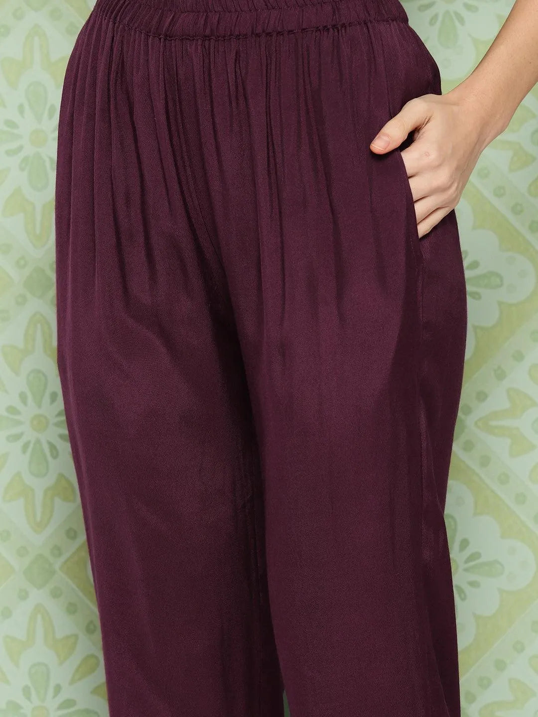 Burgundy Embroidered Silk Blend Straight Kurta With Trousers & Dupatta - Libas 