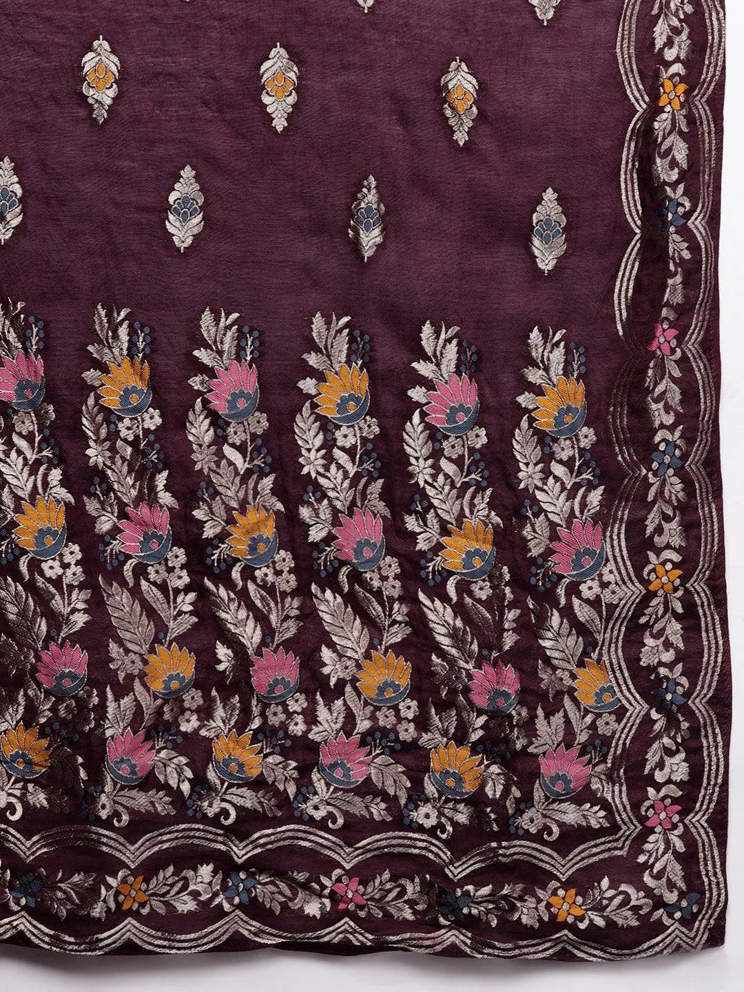 Burgundy Embroidered Silk Blend Straight Kurta With Trousers & Dupatta - Libas 
