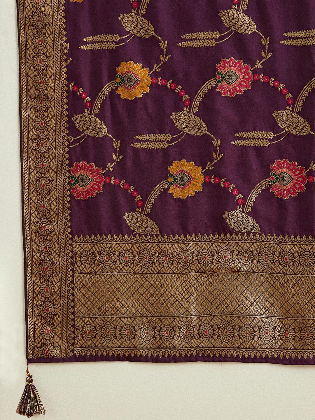 Burgundy Embroidered Silk Blend Straight Suit With Dupatta
