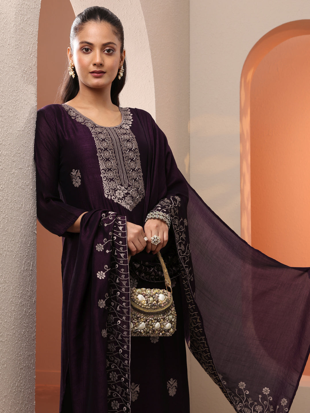 Burgundy Embroidered Silk Blend Straight Suit Set With Dupatta