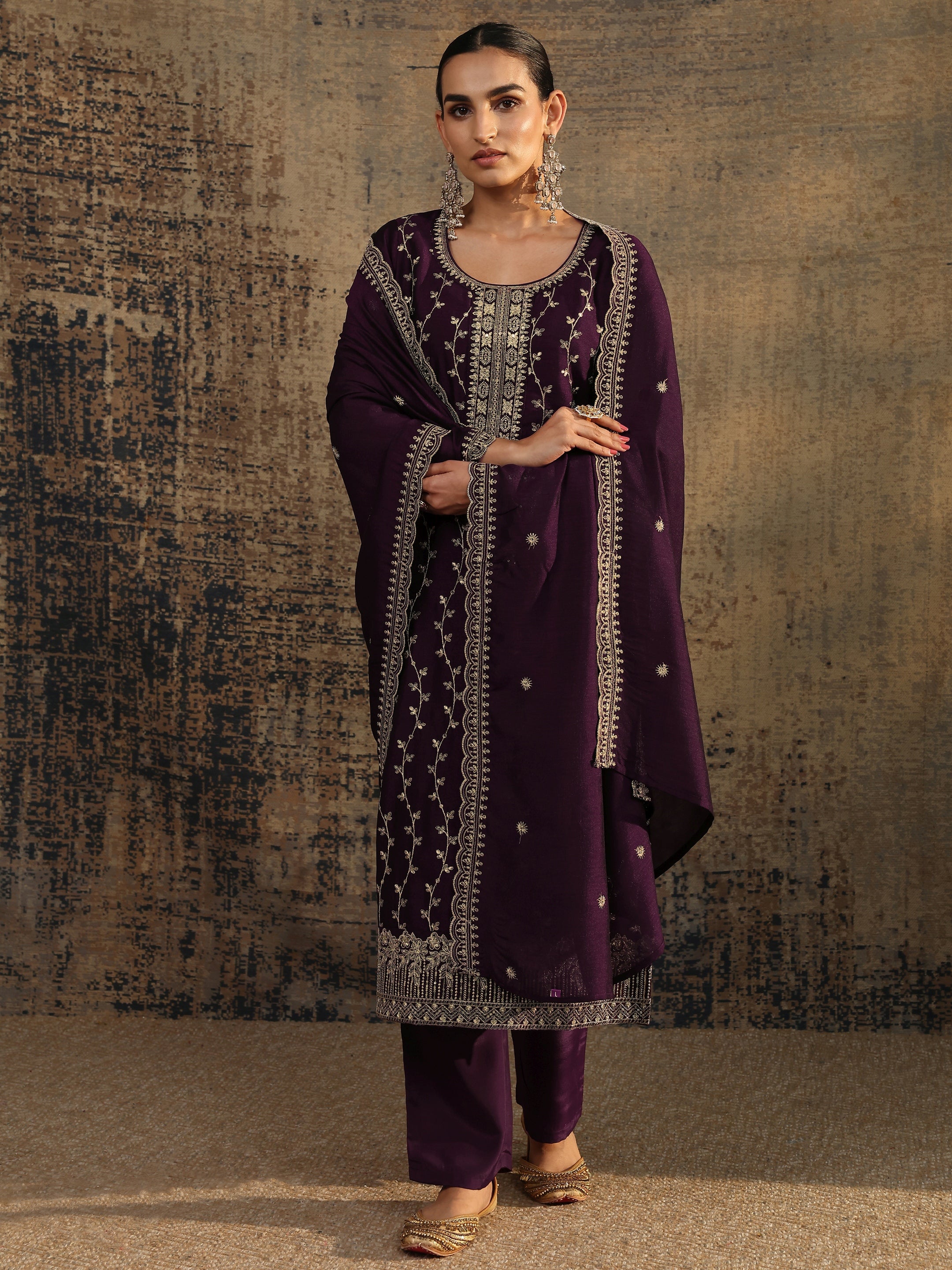 libas Burgundy Embroidered Silk Blend Straight Suit Set With Dupatta-picture-15