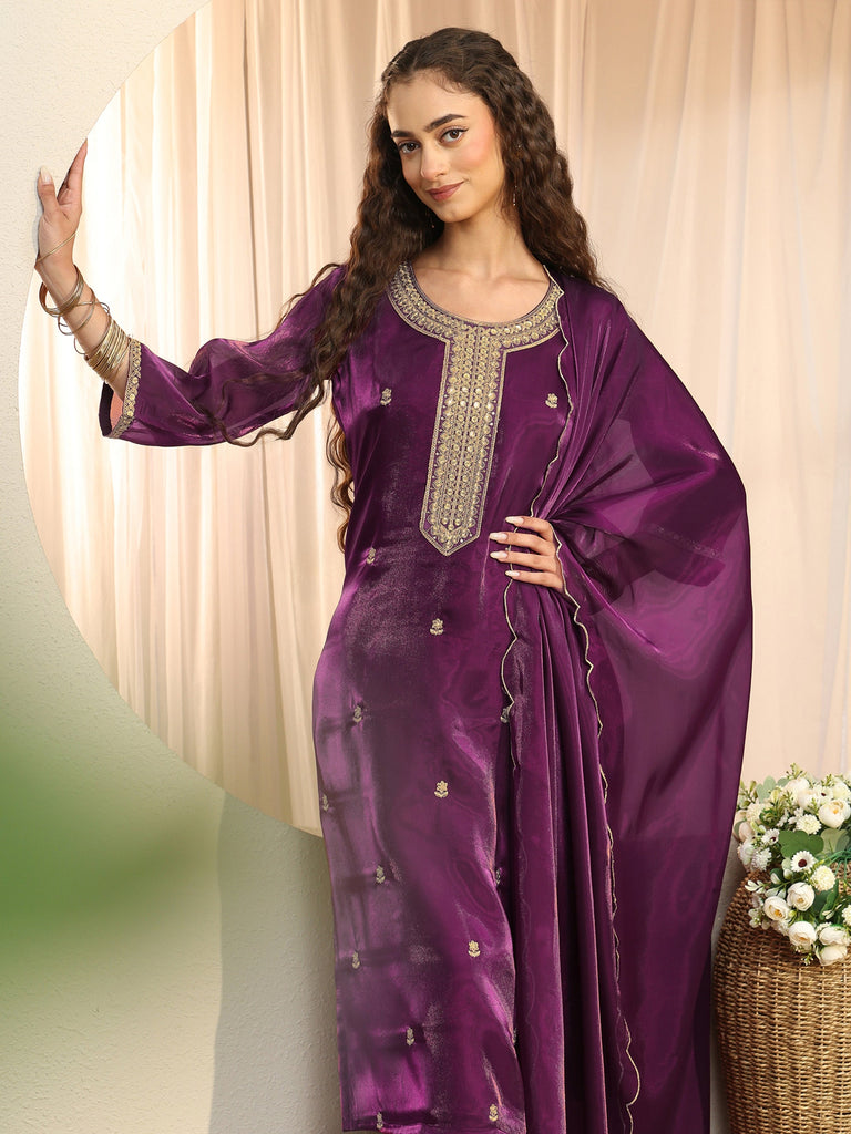 Gerua Burgundy Embroidered Tissue Straight Suit Set