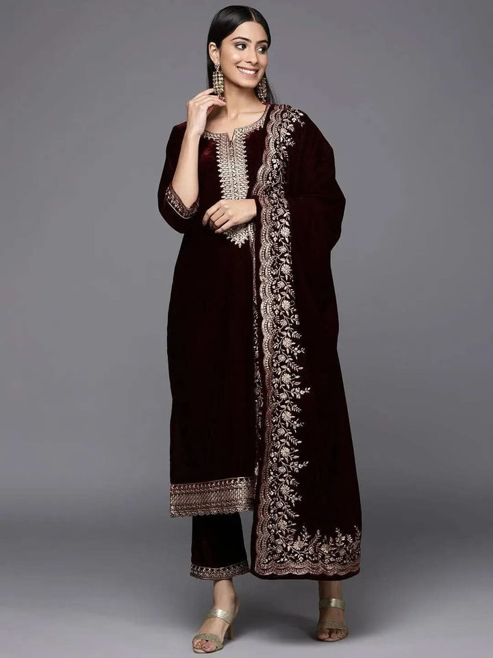 Burgundy Embroidered Velvet Straight Suit Set - Libas