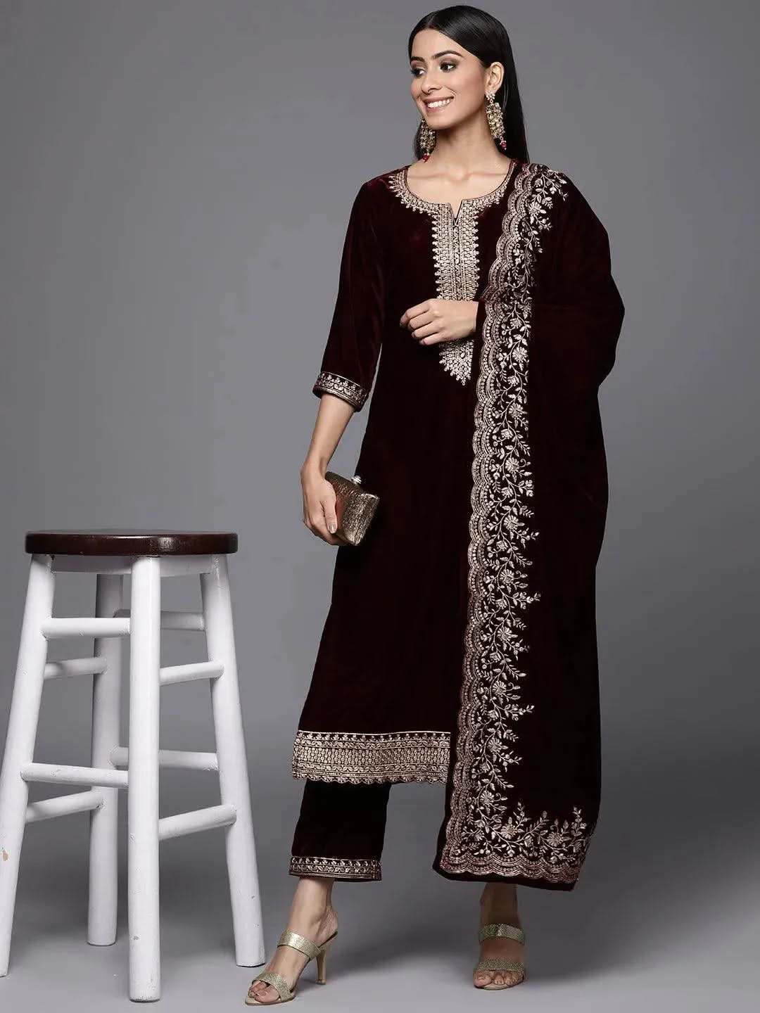 Burgundy Embroidered Velvet Straight Suit Set - Libas 