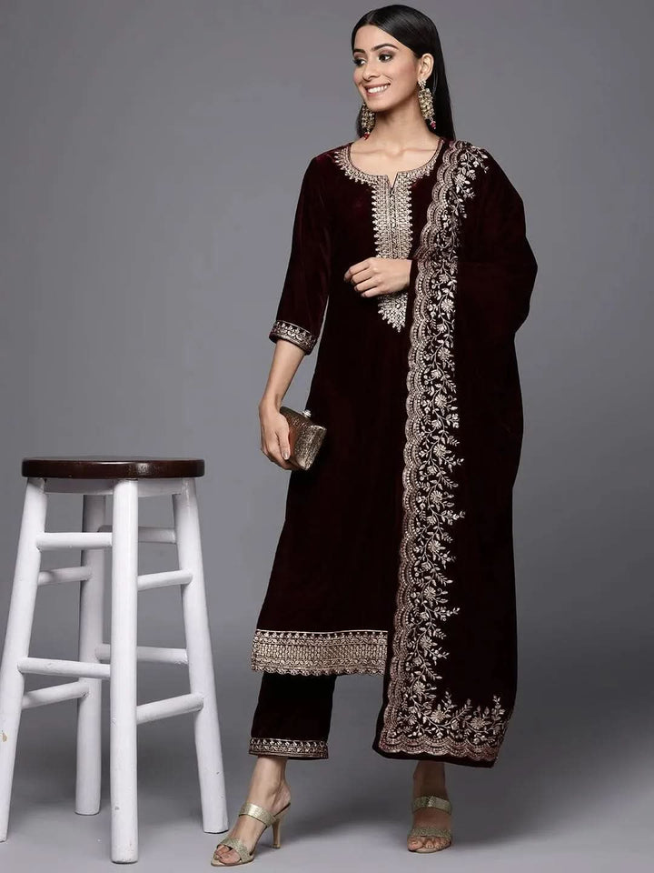 Burgundy Embroidered Velvet Straight Suit Set - Libas