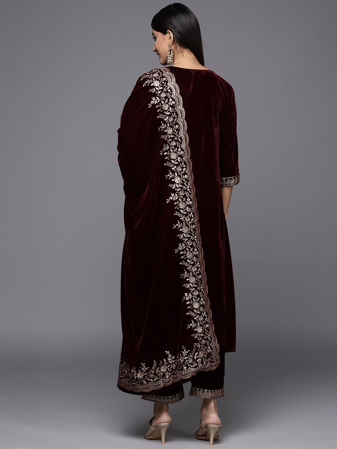 Burgundy Embroidered Velvet Straight Suit Set - Libas