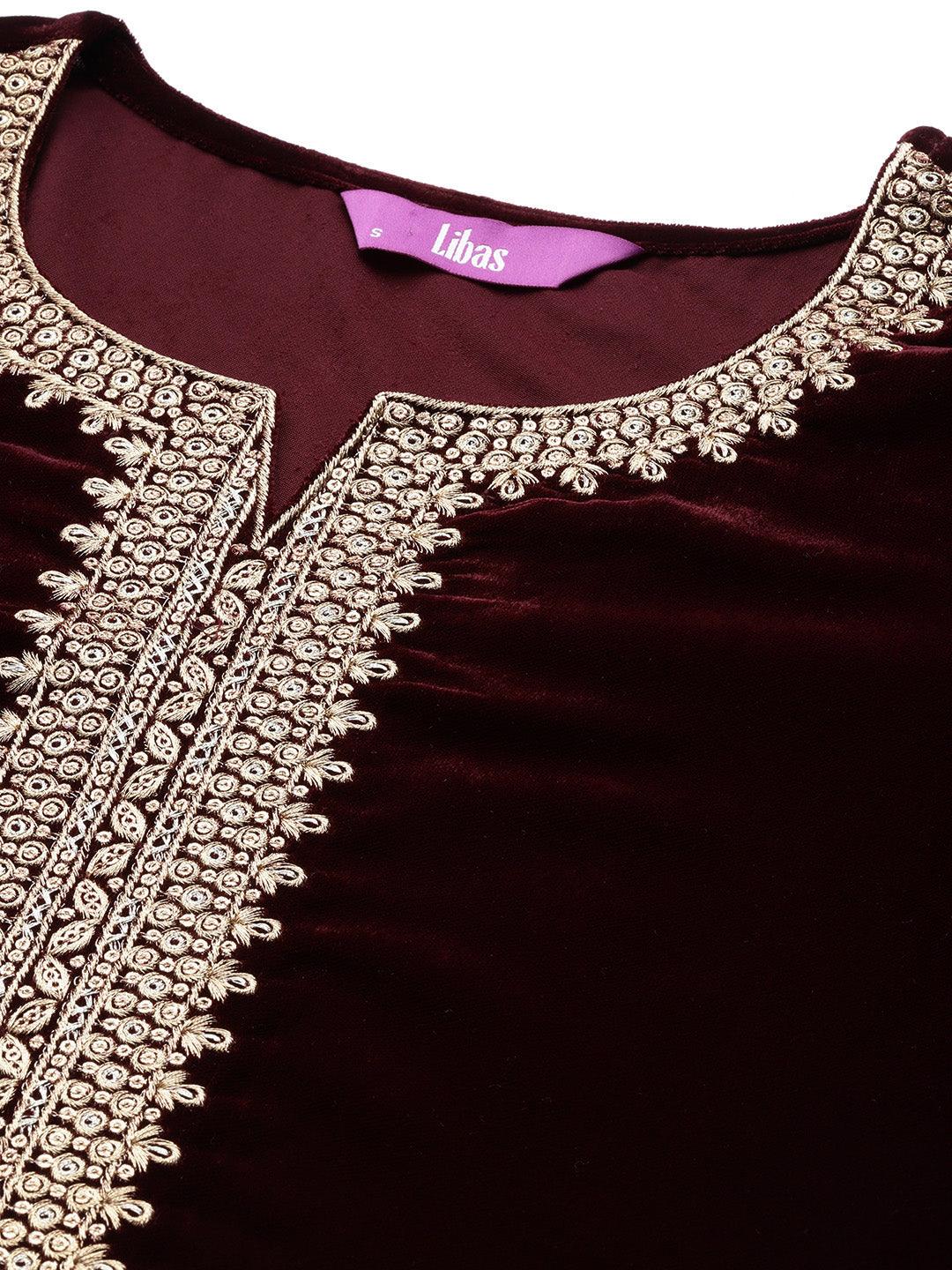 Burgundy Embroidered Velvet Straight Kurta With Trousers & Dupatta