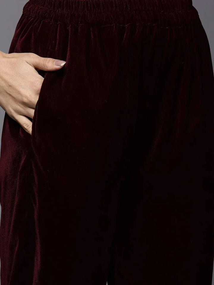 Burgundy Embroidered Velvet Straight Suit Set - Libas