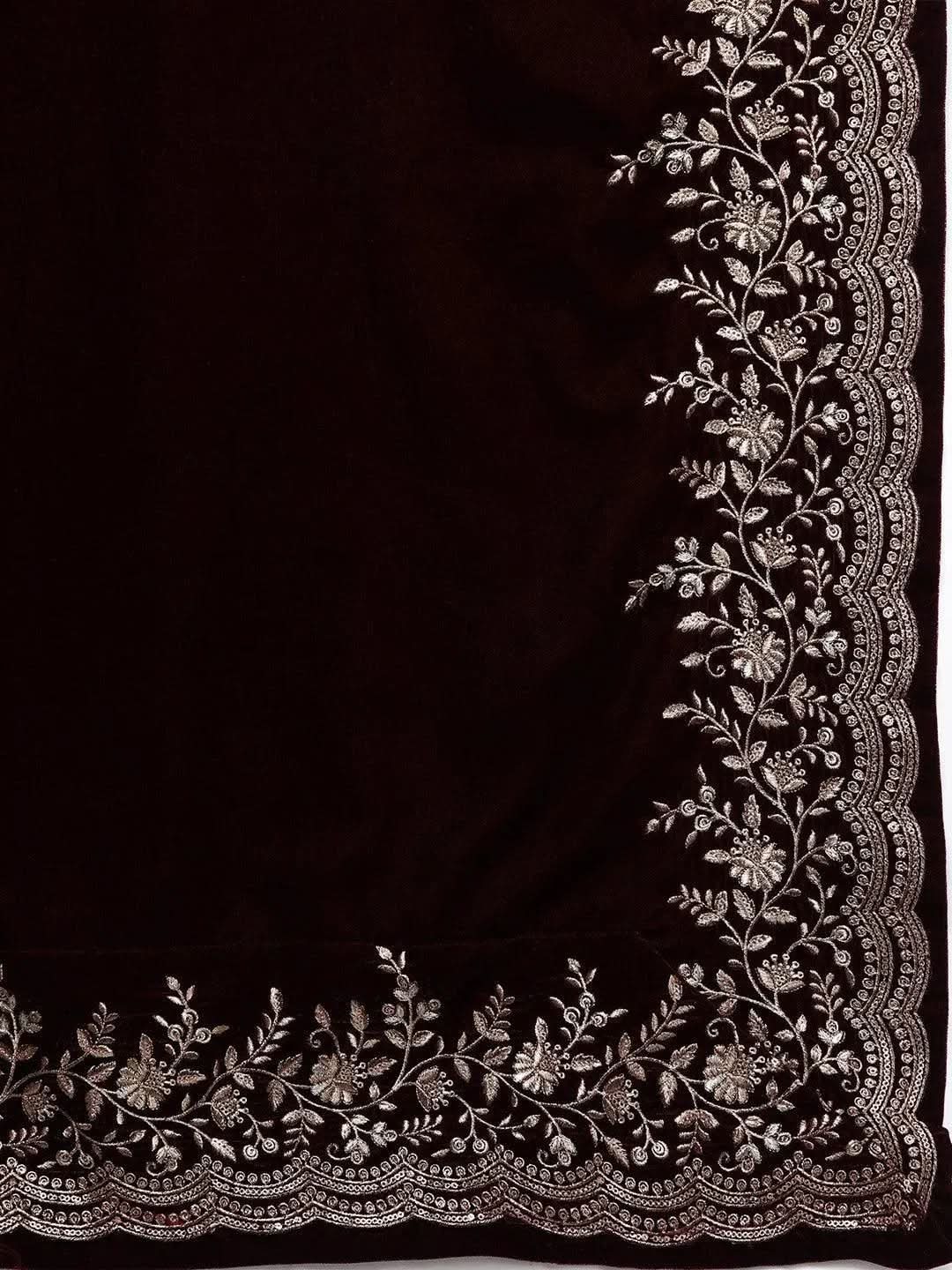 Burgundy Embroidered Velvet Straight Suit Set - Libas 