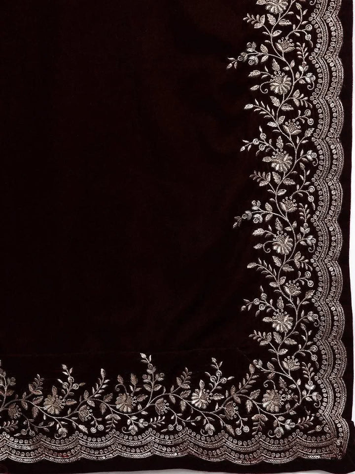 Burgundy Embroidered Velvet Straight Suit Set - Libas