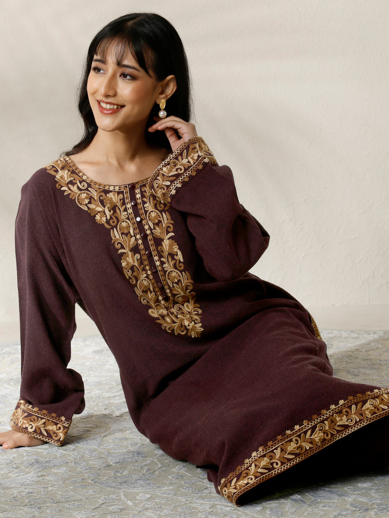Libas Burgundy Embroidered Wool Straight Kurta
