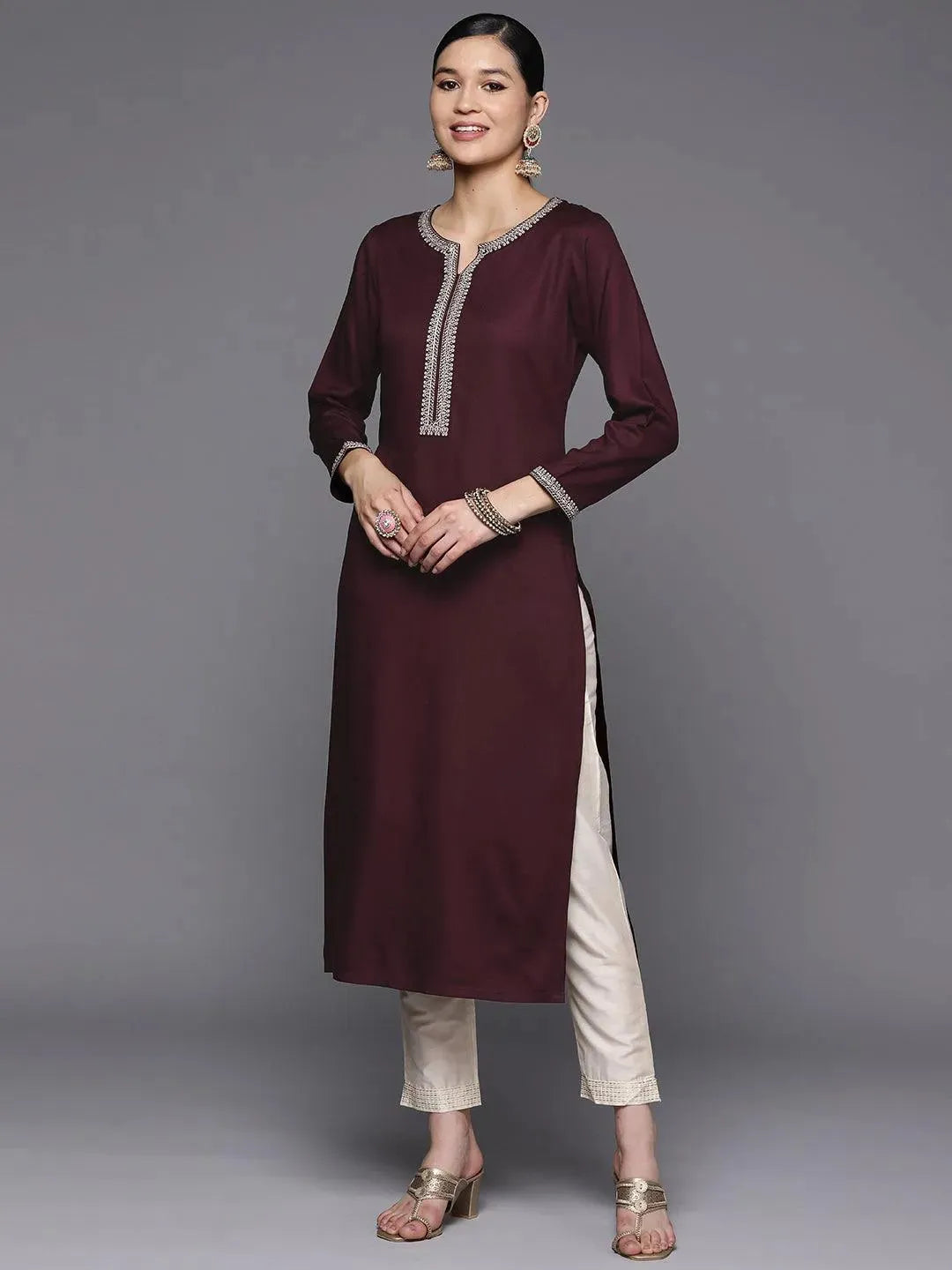 Burgundy Embroidered Wool Straight Kurta - Libas