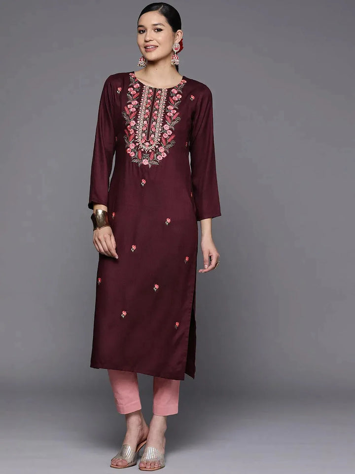 Burgundy Embroidered Wool Straight Kurta - Libas
