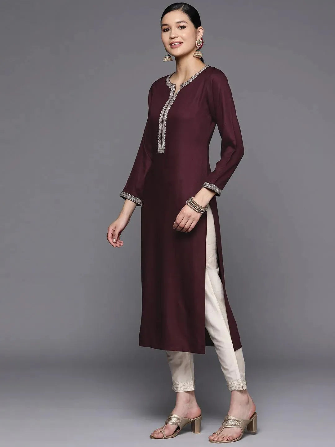 Burgundy Embroidered Wool Straight Kurta - Libas