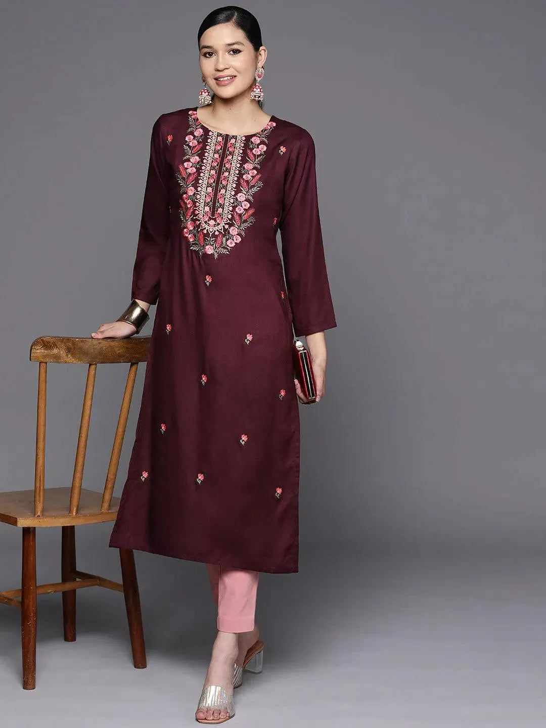 Burgundy Embroidered Wool Straight Kurta - Libas