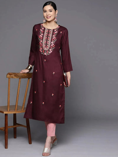 Burgundy Embroidered Wool Straight Kurta - Libas