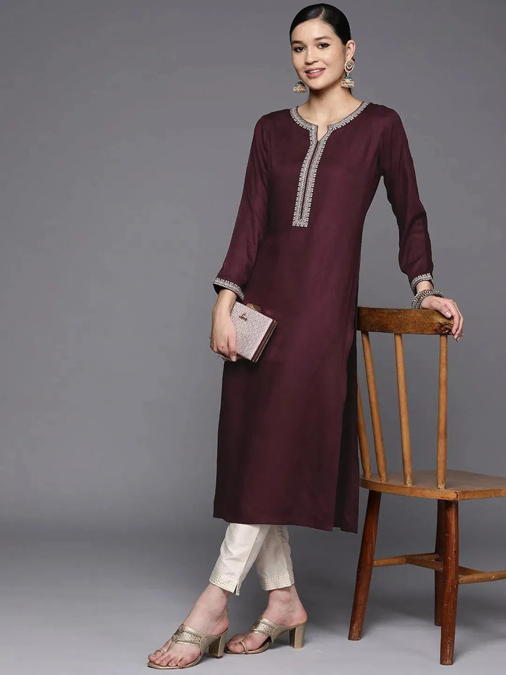 Burgundy Embroidered Wool Straight Kurta - Libas