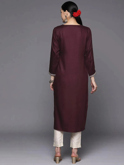 Burgundy Embroidered Wool Straight Kurta - Libas