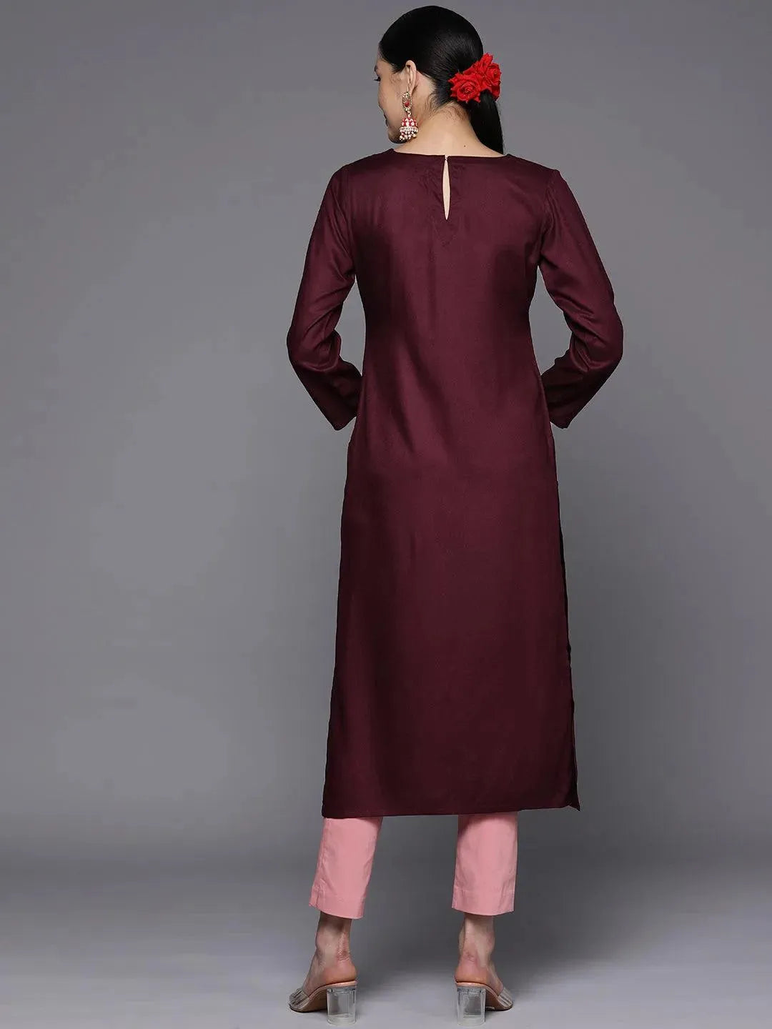 Burgundy Embroidered Wool Straight Kurta - Libas