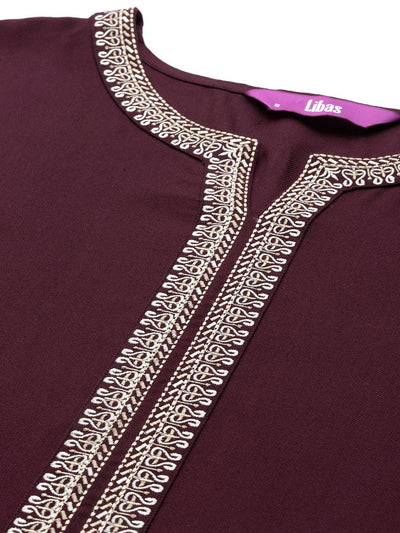 Burgundy Embroidered Wool Straight Kurta - Libas