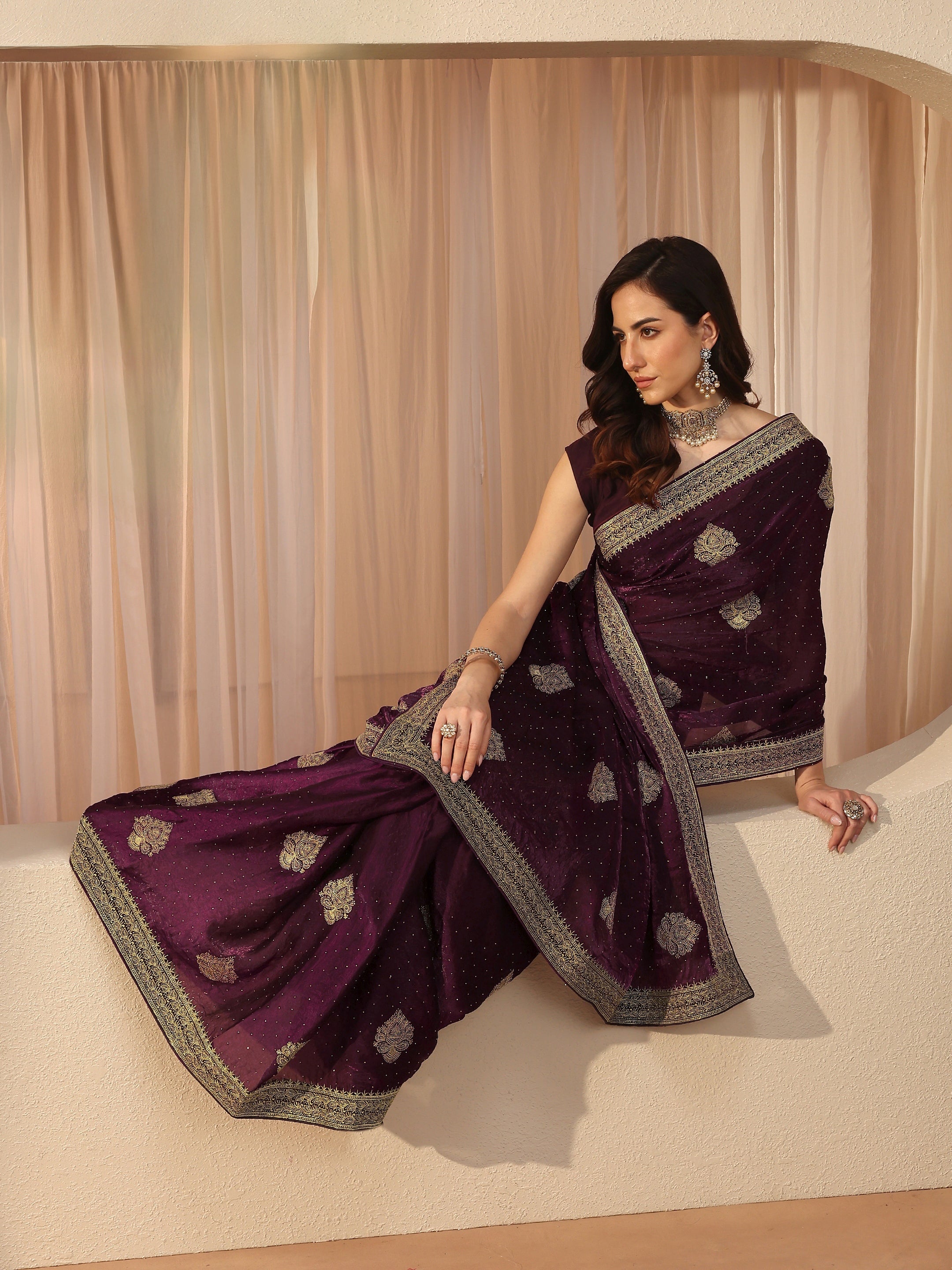 Burgundy Ethnic Embellished Tissue Saree-image-30