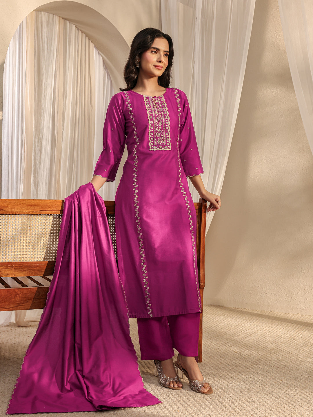  Burgundy Ethnic Embroidered Chanderi Silk Straight Suit Set With Dupatta 