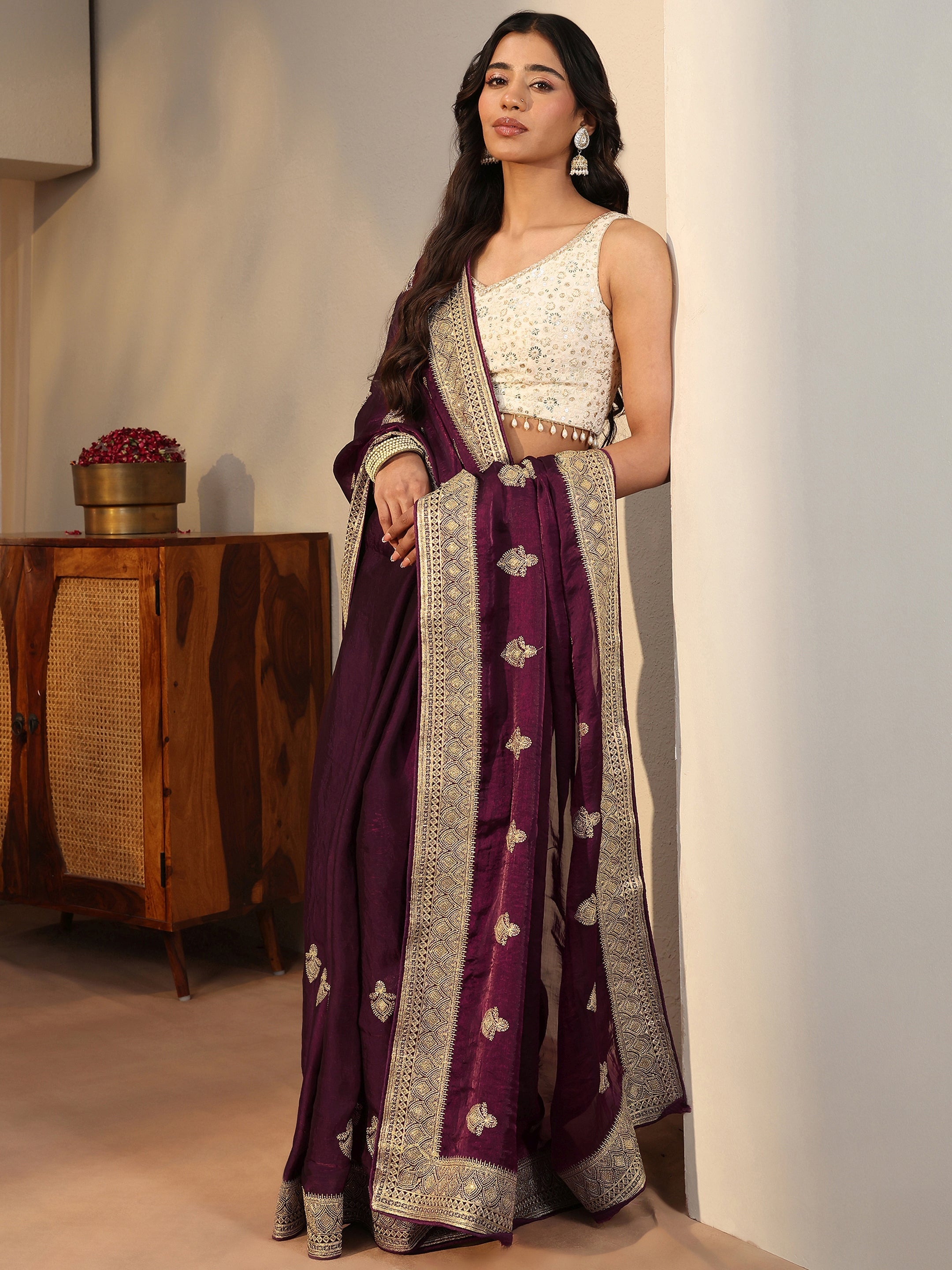 libas Burgundy Ethnic Embroidered Tissue Saree-picture-27