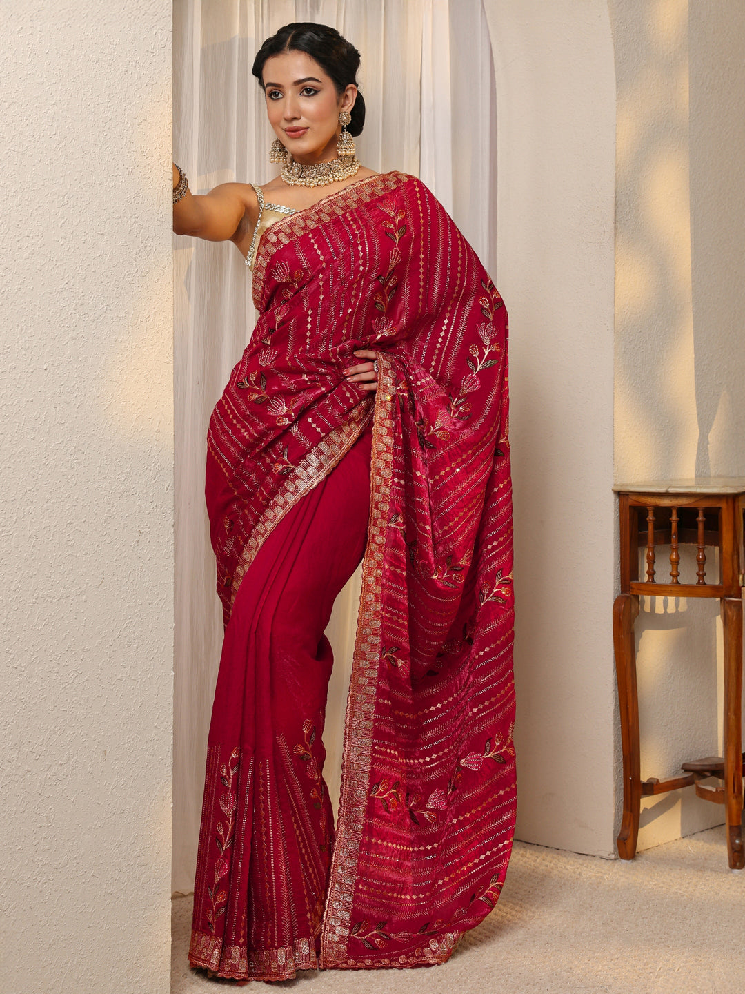  Burgundy Ethnic Embroidered Tissue Saree With Unstitched Blouse Piece 