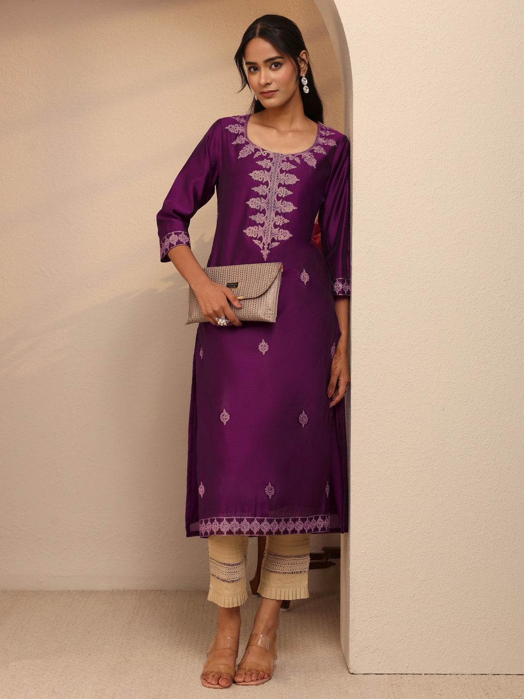  Burgundy Ethnic Motif Embroidered Silk Blend Straight Kurta 