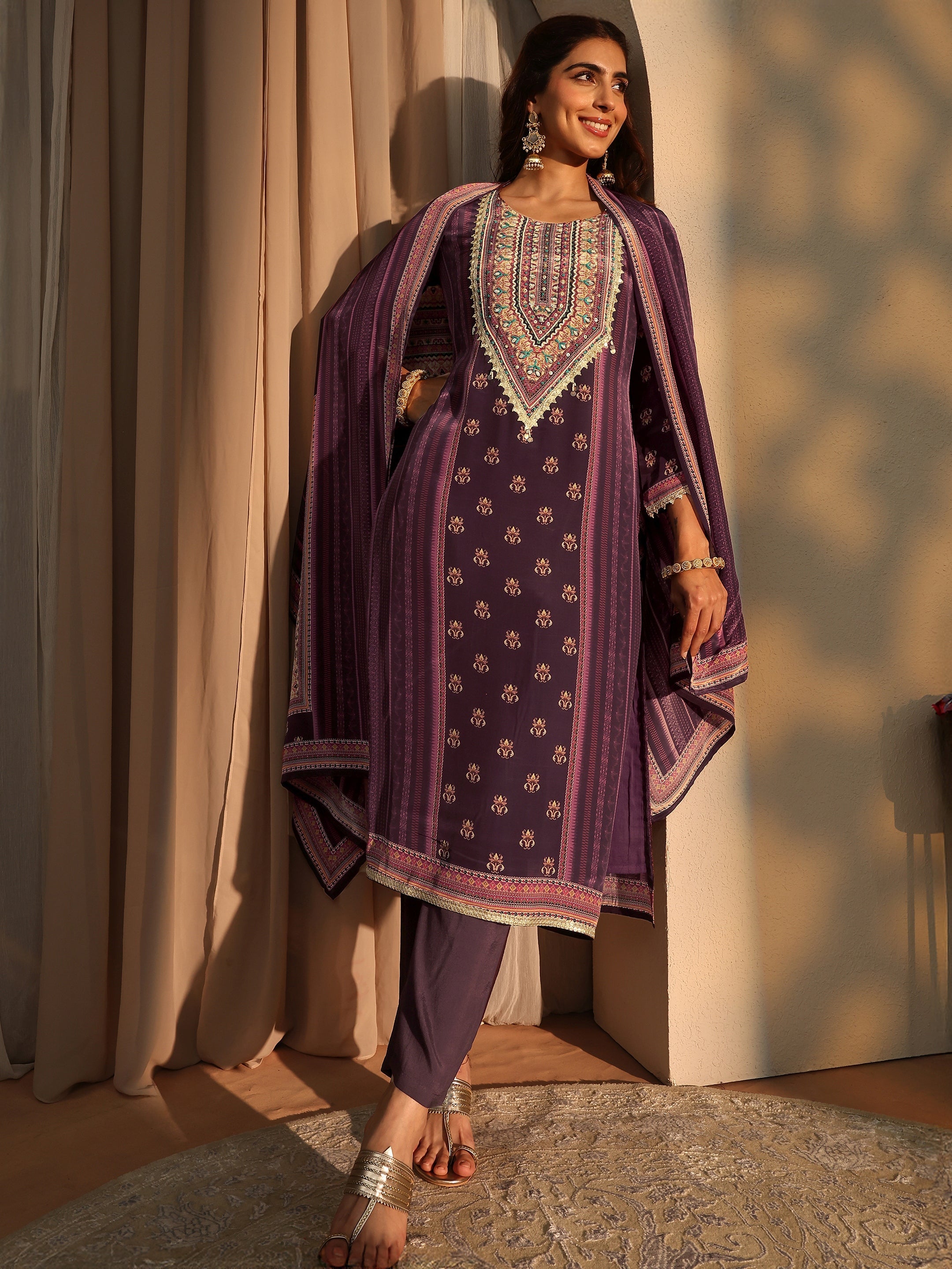 Libas Burgundy Ethnic Printed Crepe Straight Suit Set-picture-22