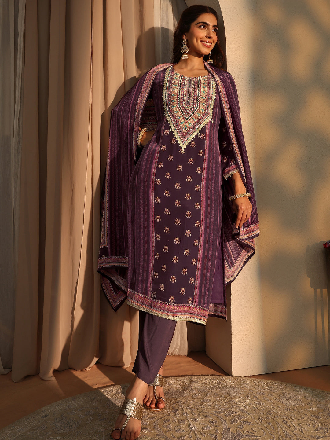 Burgundy Ethnic Printed Crepe Straight Suit Set 