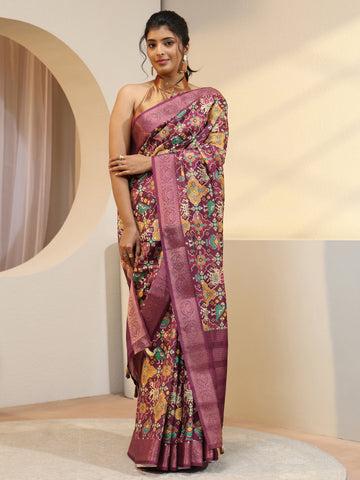 Burgundy Ethnic Print Silk Blend Patola Saree
