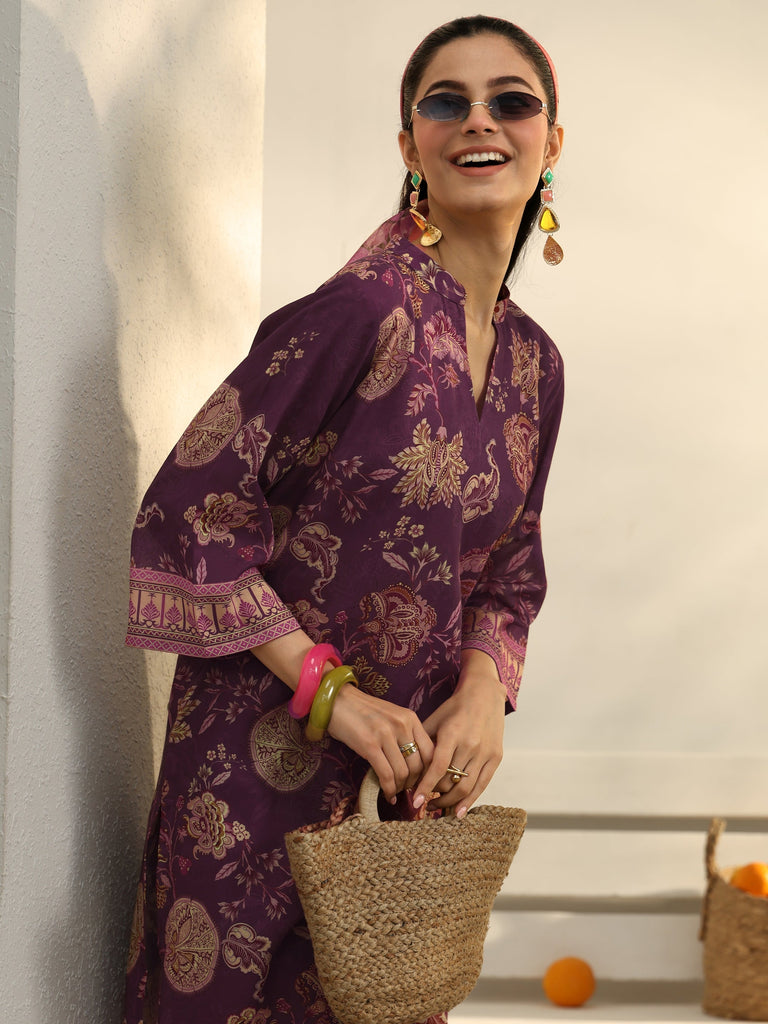 Libas Burgundy Ethnic Printed Cotton Blend Co-Ord Set
