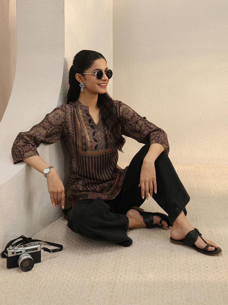 Libas Burgundy Ethnic Printed Silk Blend Straight Short Kurti