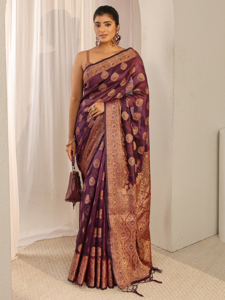Libas Burgundy Banarasi Silk Blend Saree