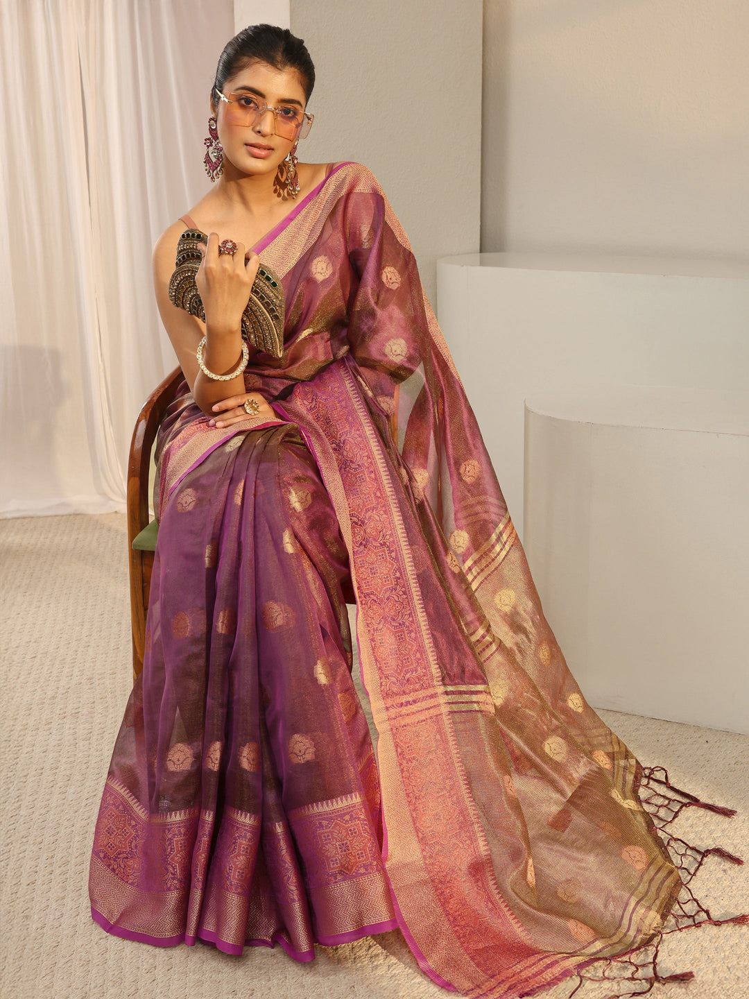 Burgundy Ethnic Woven Design Silk Blend Saree With Unstitched Blouse Piece