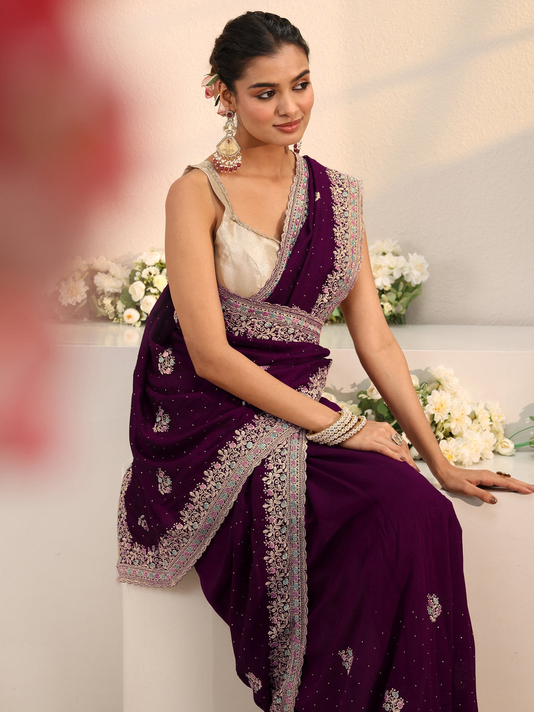 Burgundy Floral Embellished Silk Blend Saree With Unstitched Blouse Piece