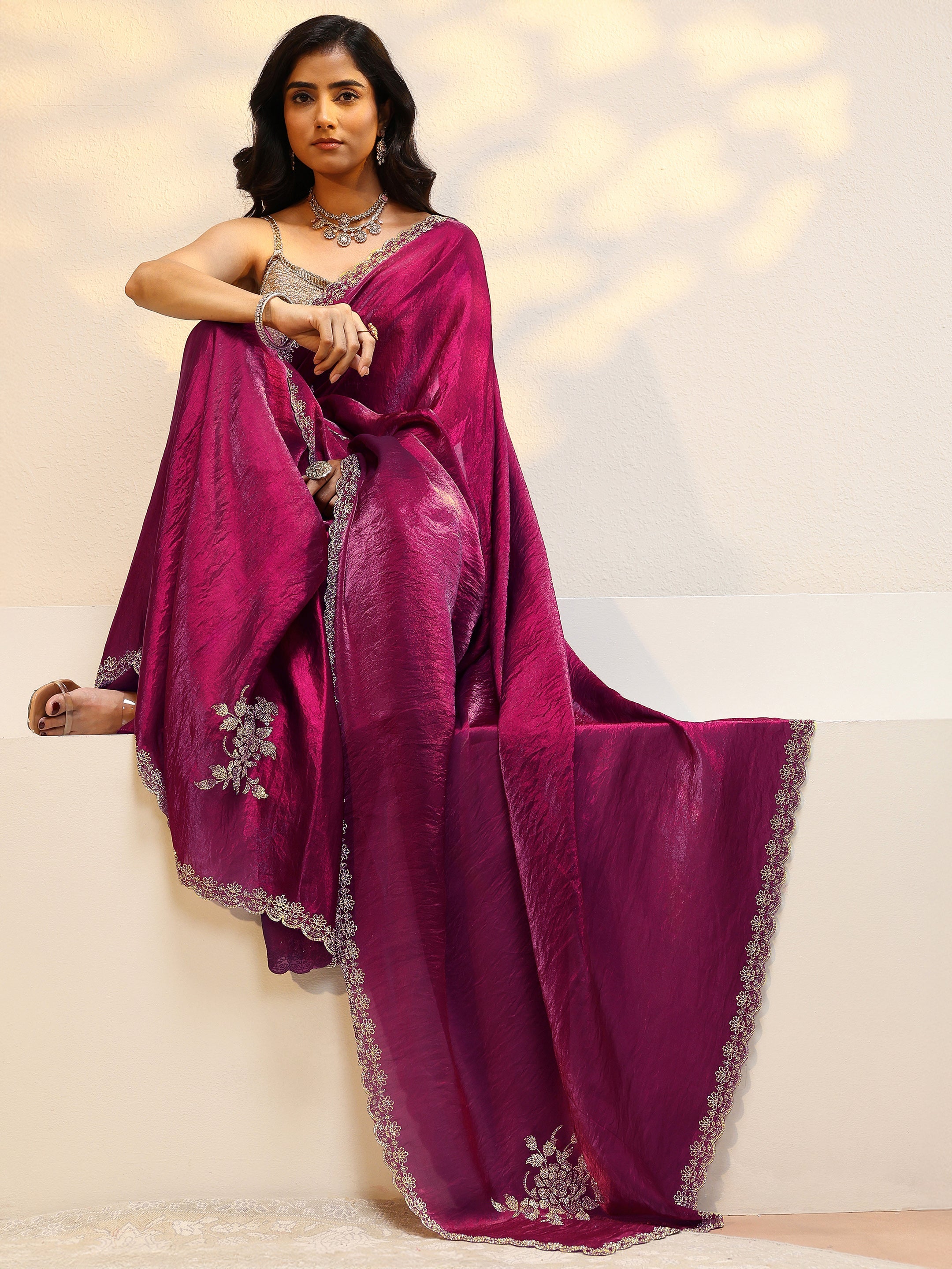 libas Burgundy Floral Embellished Tissue Saree-picture-54