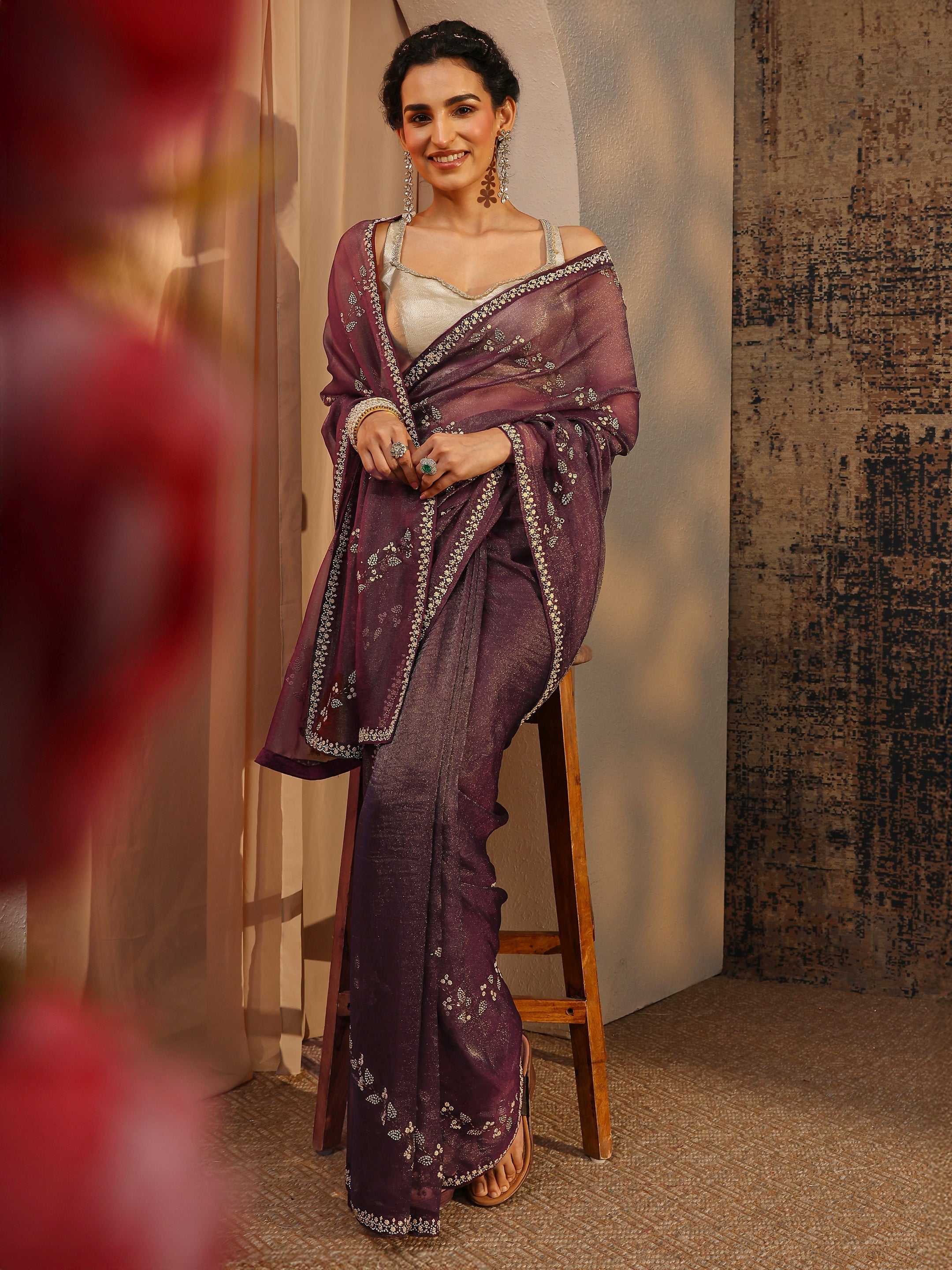 Burgundy Floral Embellished Tissue Saree With Unstitched Blouse Piece-image-31