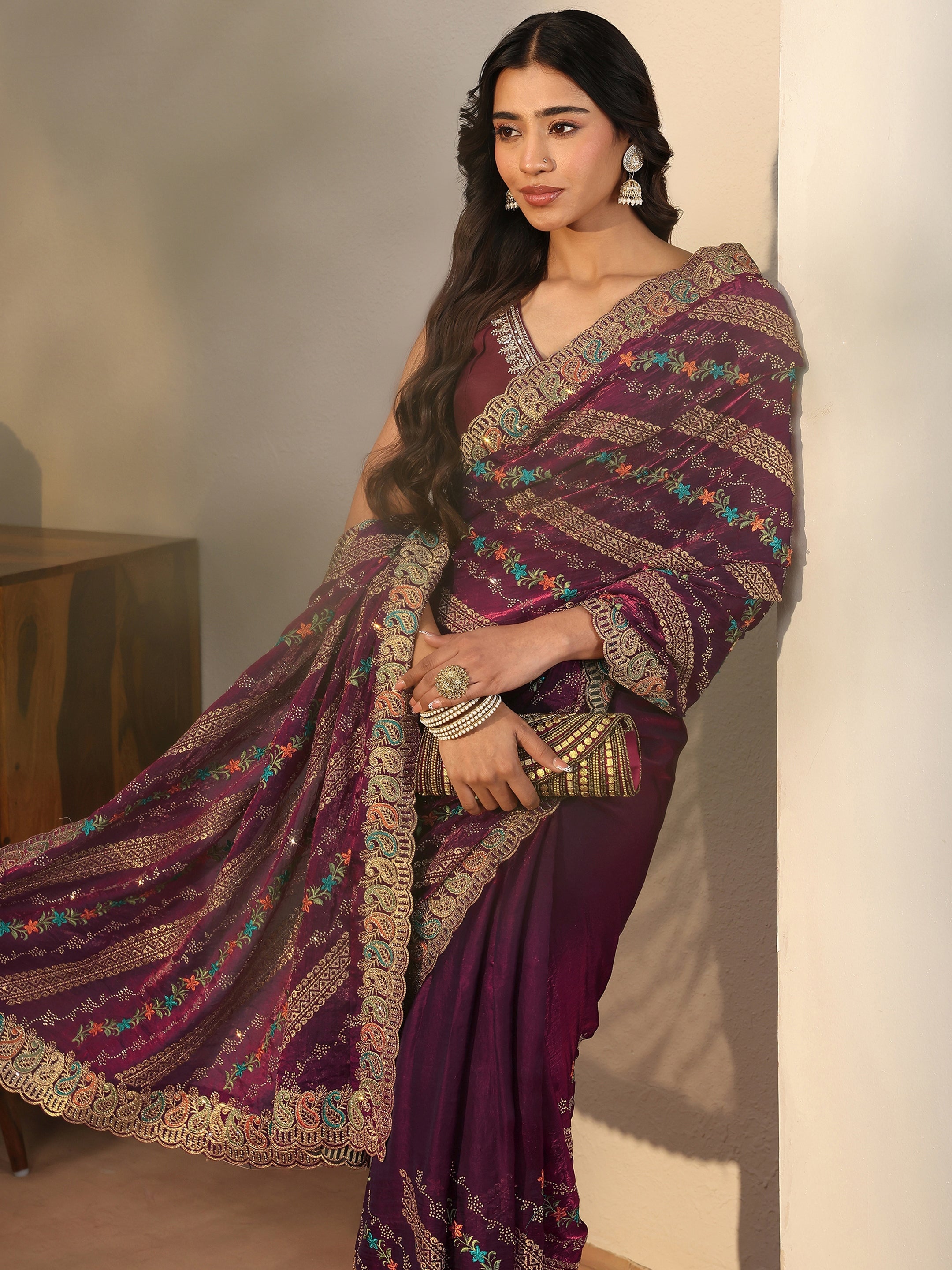 libas Burgundy Floral Embroidered Tissue Saree-picture-44