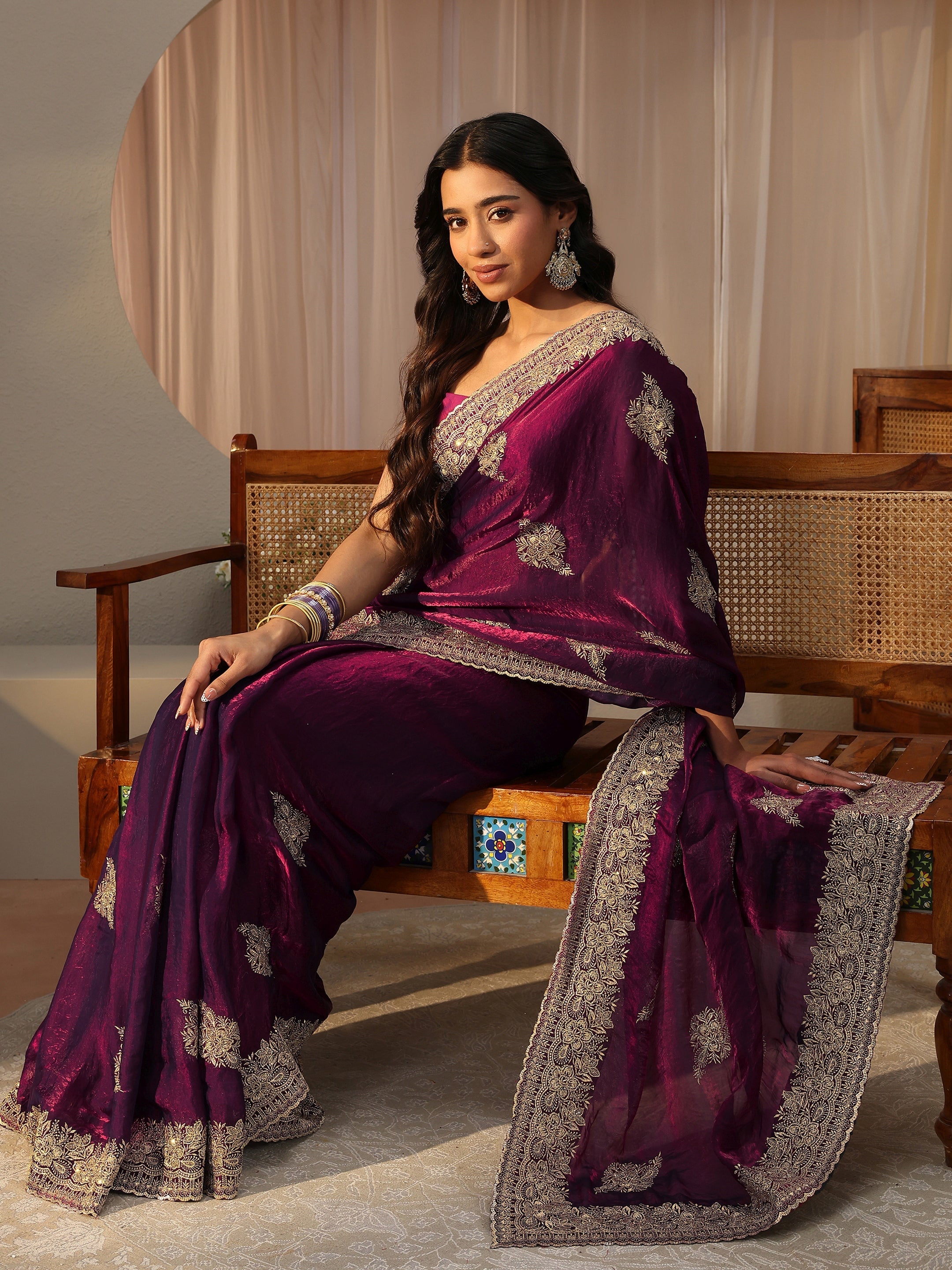 libas Burgundy Floral Embroidered Tissue Saree-picture-28