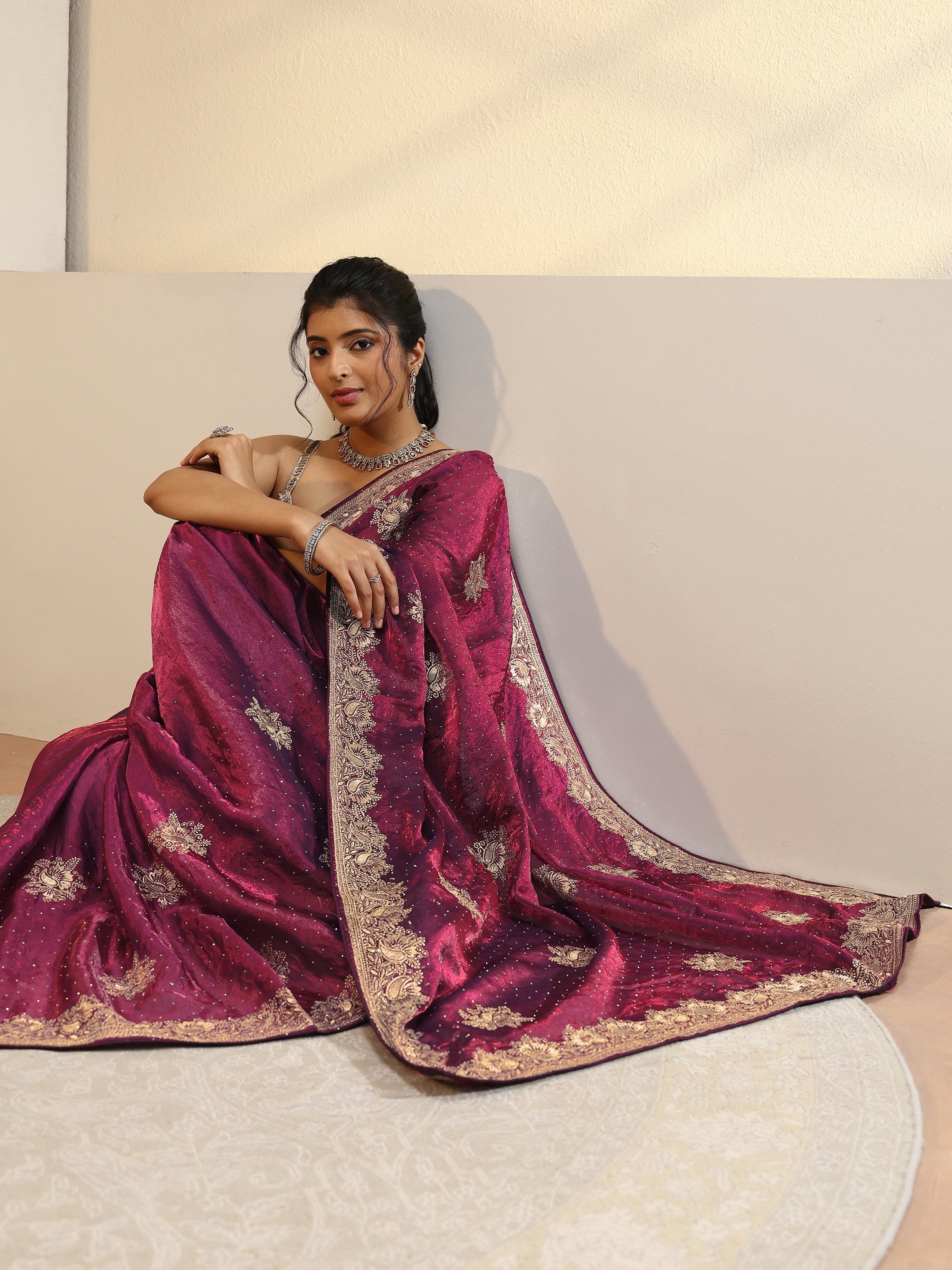 libas Burgundy Floral Embroidered Tissue Saree-picture-24