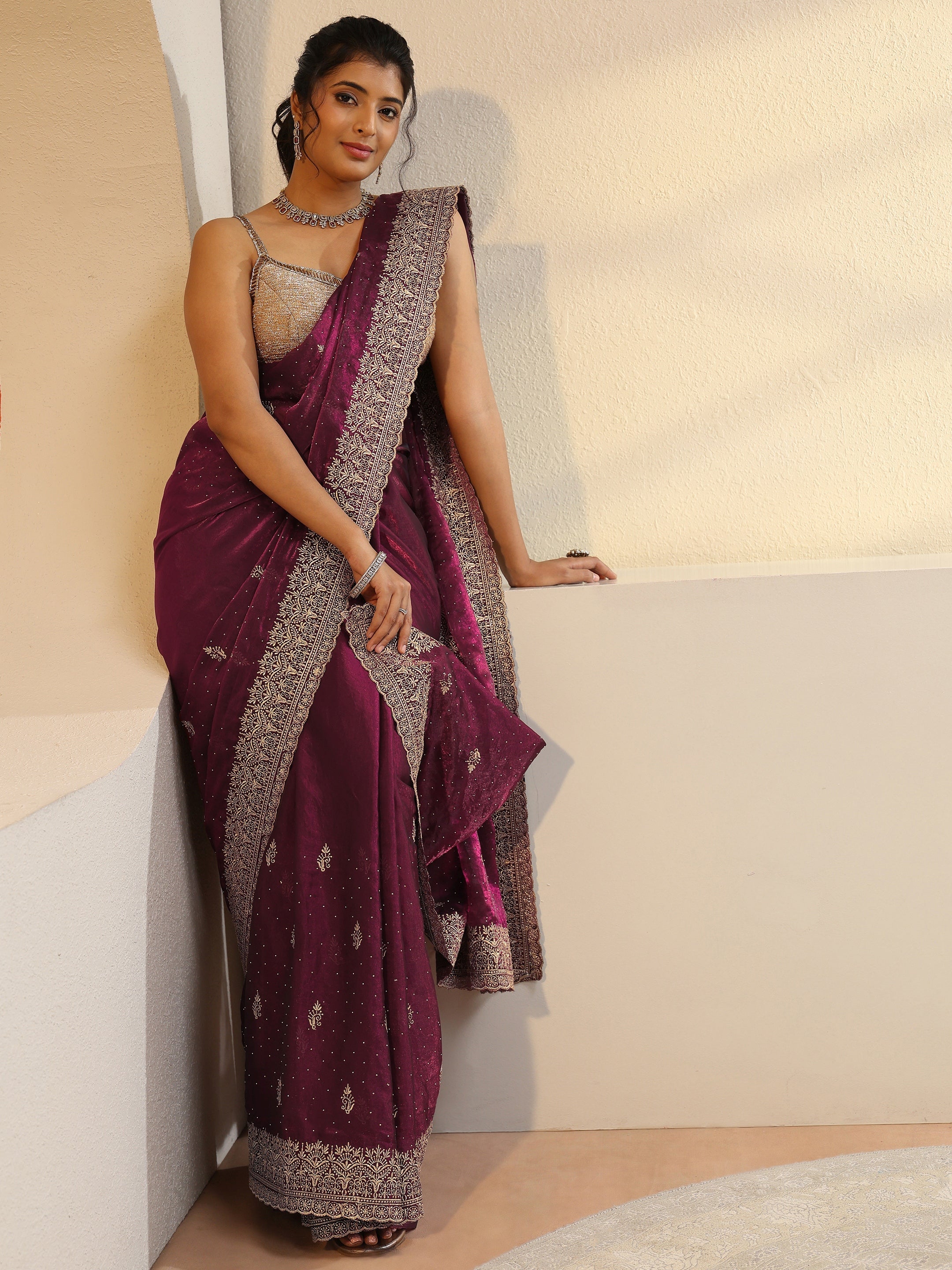 libas Burgundy Floral Embroidered Tissue Saree-picture-24
